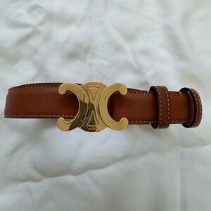 Celine Tan Leather Belt with Gold Buckle